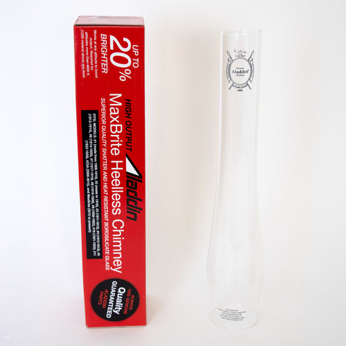 Clear borosilicate glass chimney tube with printed logo, designed for up to 20% more light output and enhanced durability, shown alongside bright red branded packaging, featured in Lamps & Lighting, Parts and Accessories, Chimneys and Globes, Best Sellers, and Promo Eligible collections.