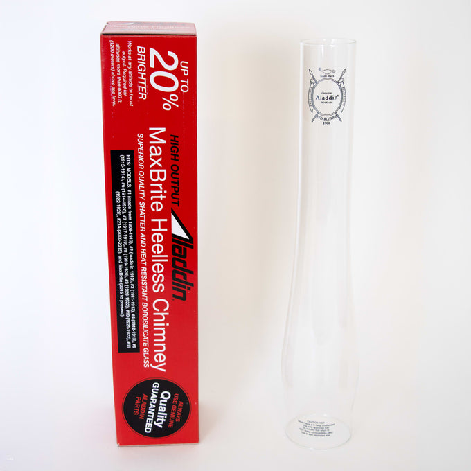 Clear borosilicate glass chimney tube with printed logo, designed for up to 20% more light output and enhanced durability, shown alongside bright red branded packaging, featured in Lamps & Lighting, Parts and Accessories, Chimneys and Globes, Best Sellers, and Promo Eligible collections.