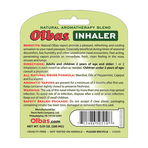 Packaging of an all-natural inhaler displaying product benefits, directions, safety warnings, and ingredients featuring essential oils, labeled for Health & Wellness and Health Remedies collections.
