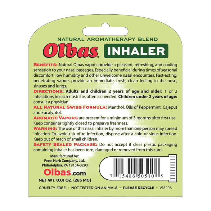 Packaging of an all-natural inhaler displaying product benefits, directions, safety warnings, and ingredients featuring essential oils, labeled for Health & Wellness and Health Remedies collections.