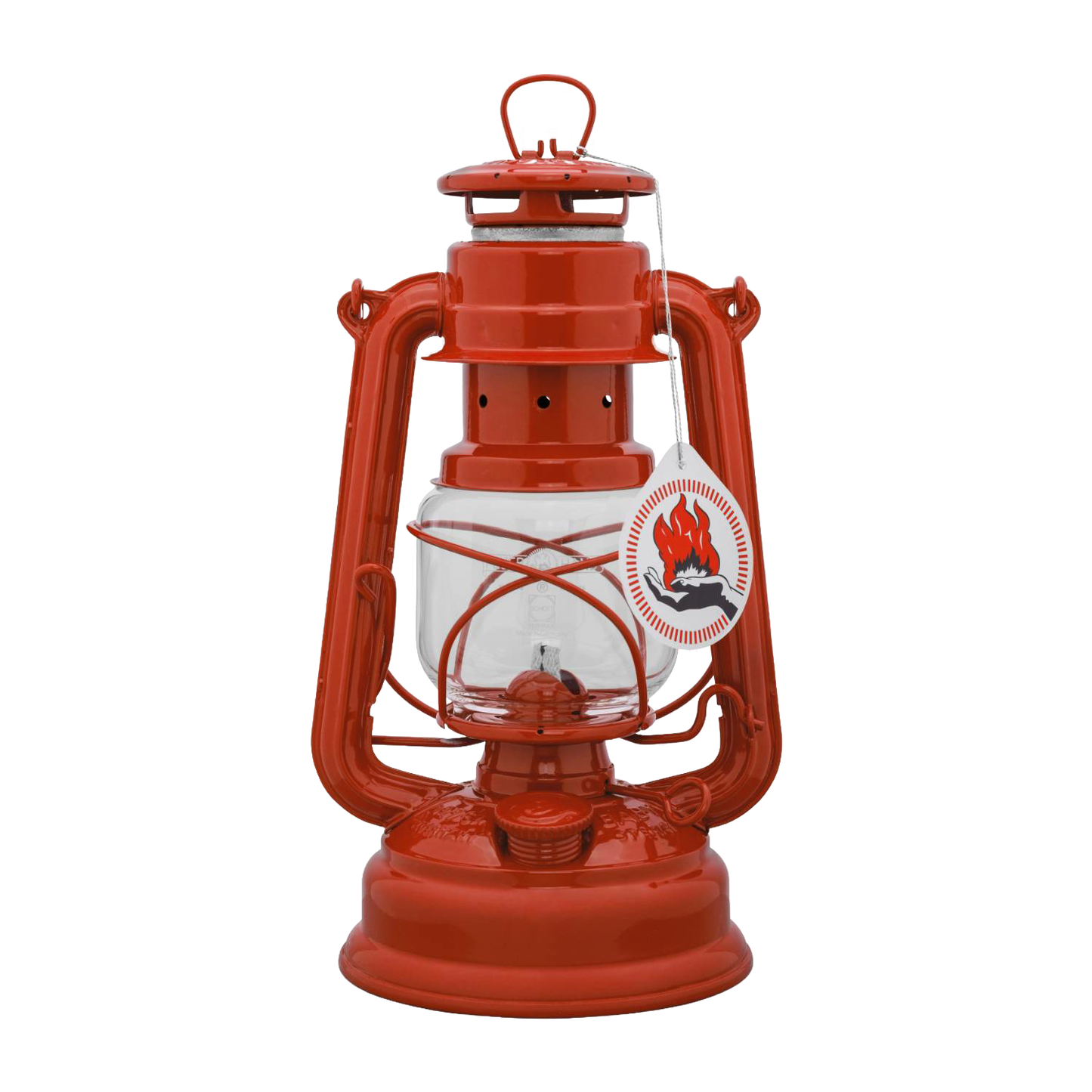 Bright red galvanized oil lantern with a clear heat-resistant glass globe, designed for reliable outdoor lighting in camping, emergency, and barn settings, featured in best sellers and promo collections.