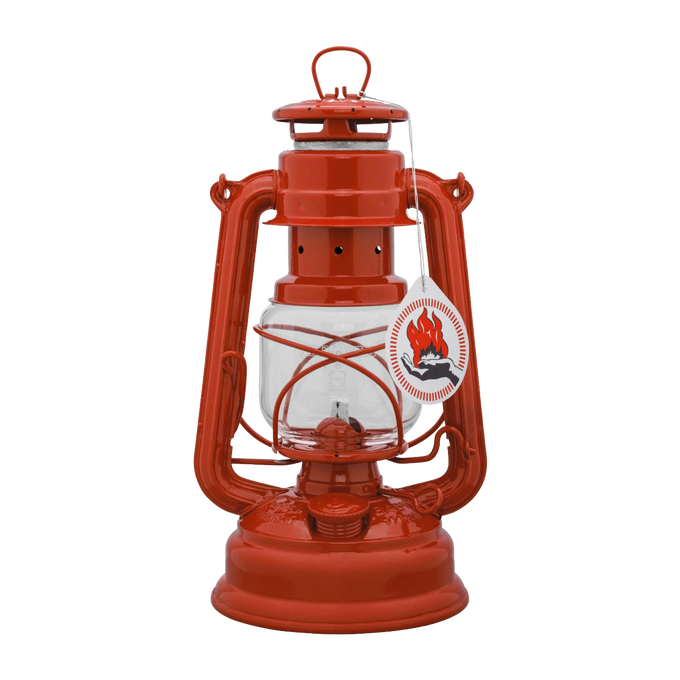 Bright red galvanized oil lantern with a clear heat-resistant glass globe, designed for reliable outdoor lighting in camping, emergency, and barn settings, featured in best sellers and promo collections.