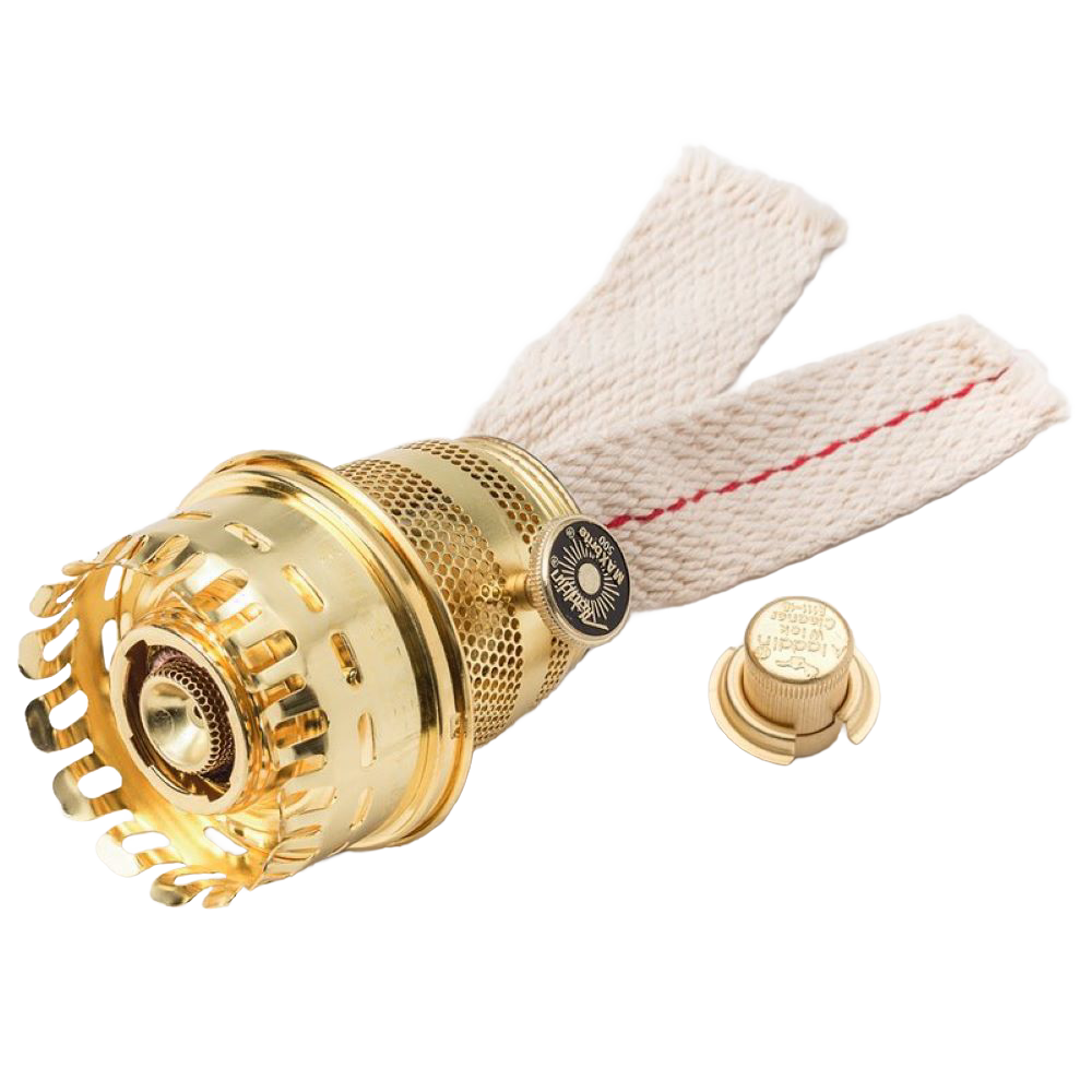 Highly polished brass lamp burner with dual woven cotton wicks and adjustment knob, designed for replacement and upgrade in lamps, featured in Lamps & Lighting, Parts and Accessories, Lamp Burners and Collars, Best Sellers, Promo Eligible collections.