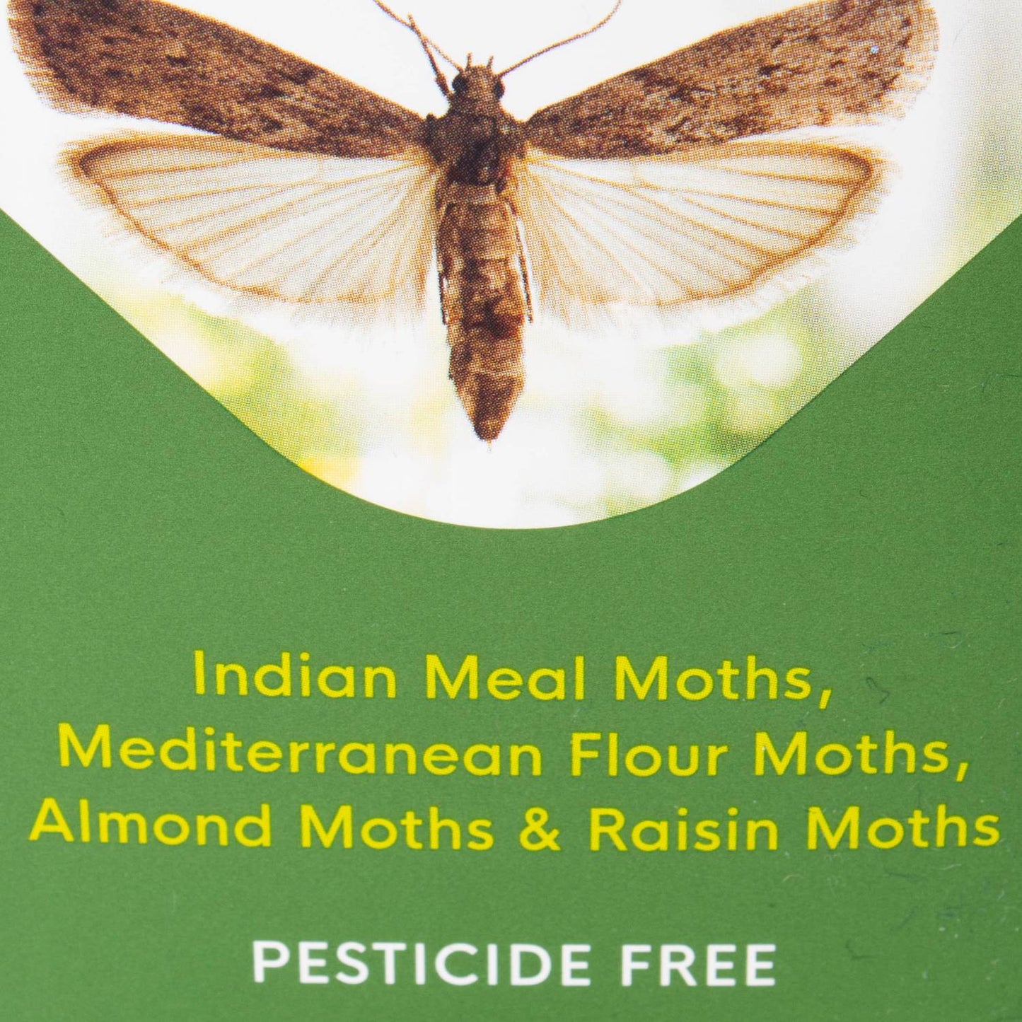 Close-up of a moth above text listing Indian meal, Mediterranean flour, almond, and raisin moths on green background promoting pesticide-free pest control for Home & Decor, Farm, Garden & Tool, Pest Control, Household Helpers, USA Made, Best Sellers, and Promo Eligible collections.
