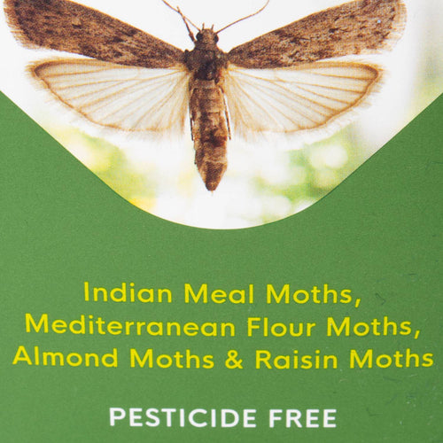 Close-up of a moth above text listing Indian meal, Mediterranean flour, almond, and raisin moths on green background promoting pesticide-free pest control for Home & Decor, Farm, Garden & Tool, Pest Control, Household Helpers, USA Made, Best Sellers, and Promo Eligible collections.