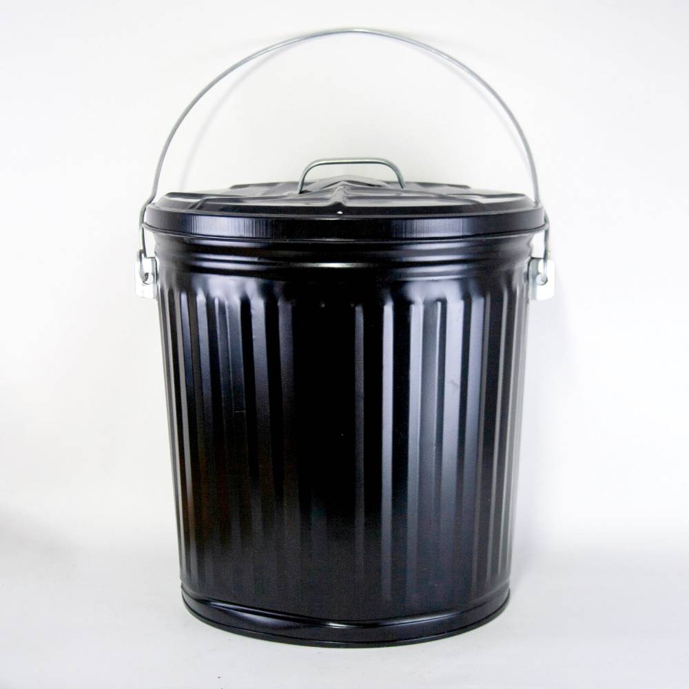 Black painted steel ash pail with tight-fitting lid and sturdy bail handle for secure lifting, designed for use with stoves and hearth accessories, featured in best sellers and promo collections.