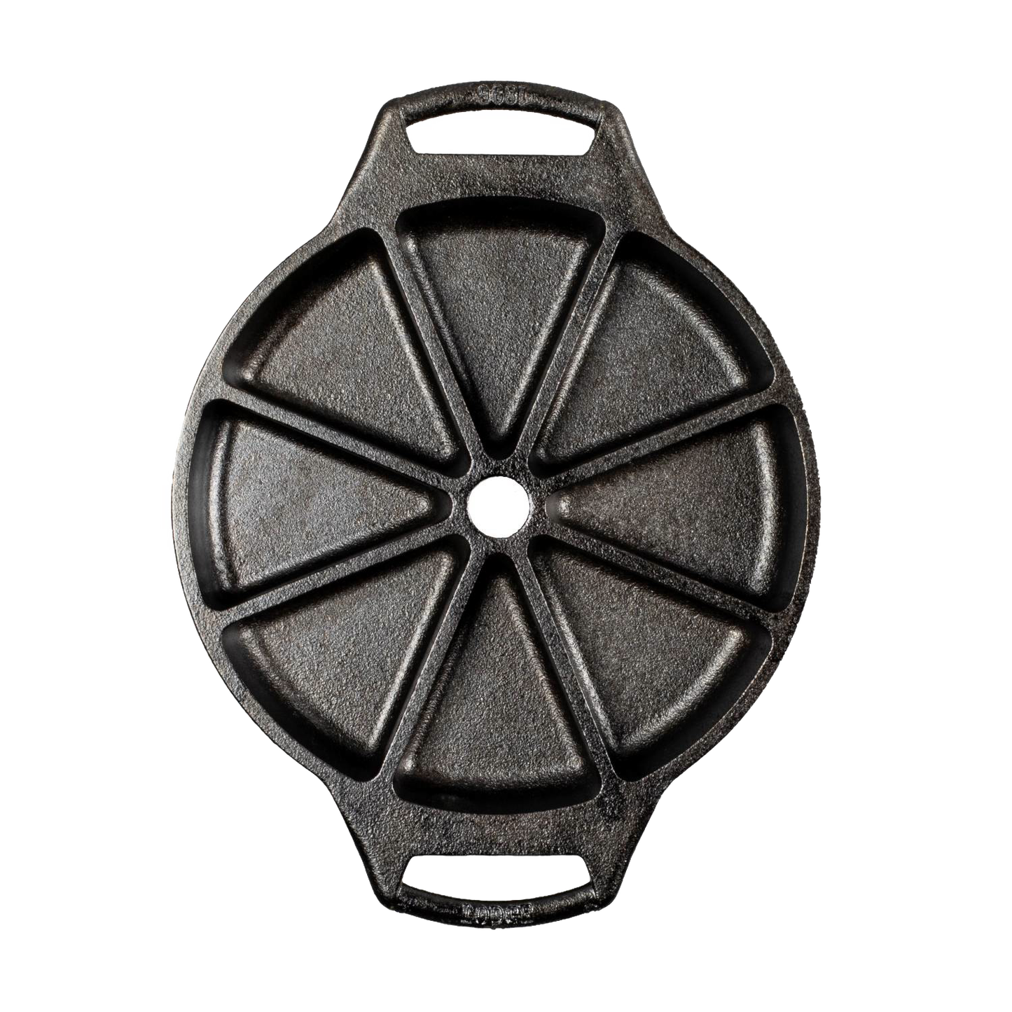 Cast iron wedge pan with eight wedge-shaped sections, dual handle design, and natural seasoning for even heat retention, featured in Kitchen & Food, Cookware, Cast Iron, USA Made, and Best Sellers collections.