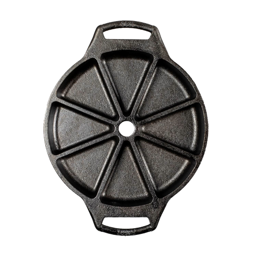 Cast iron wedge pan with eight wedge-shaped sections, dual handle design, and natural seasoning for even heat retention, featured in Kitchen & Food, Cookware, Cast Iron, USA Made, and Best Sellers collections.