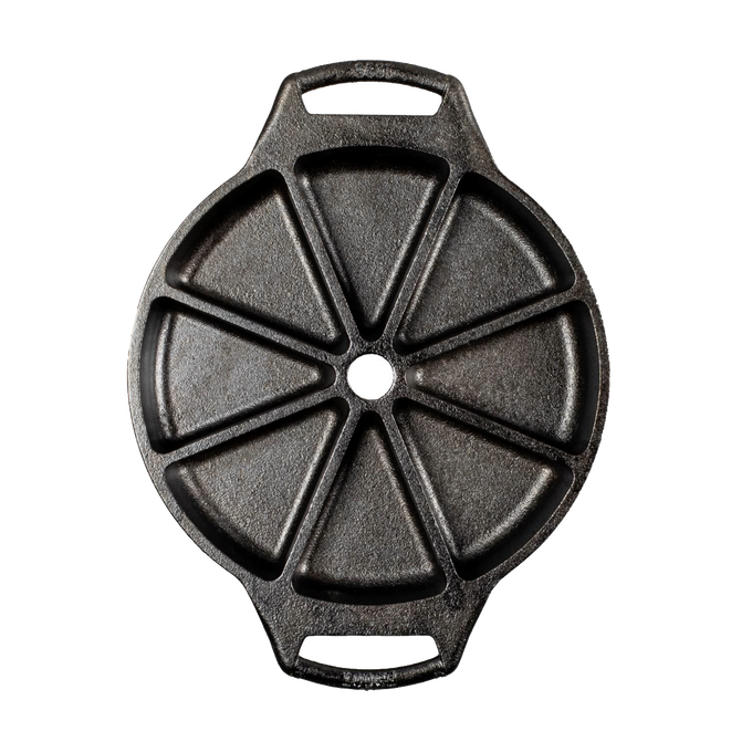 Cast iron wedge pan with eight wedge-shaped sections, dual handle design, and natural seasoning for even heat retention, featured in Kitchen & Food, Cookware, Cast Iron, USA Made, and Best Sellers collections.