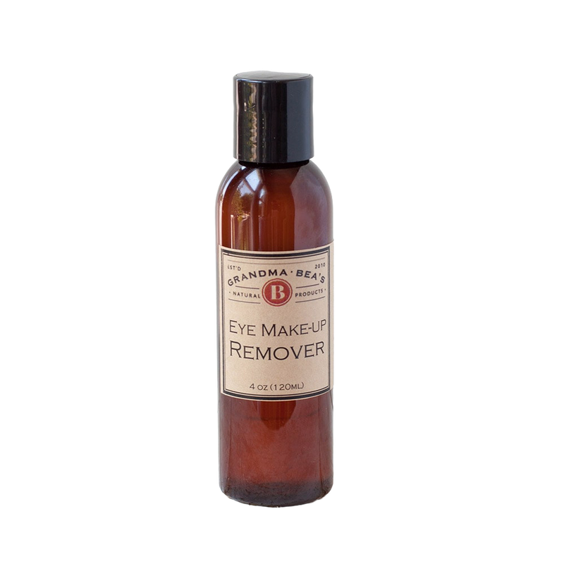 Amber bottle of handcrafted all-natural eye makeup remover with a black cap, featured in Health & Wellness, Grooming and Personal Hygiene, USA Made, and Best Sellers collections.