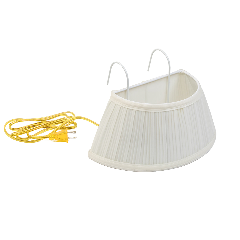 Electric lamp with cream-colored pleated fabric shade and metal hooks for easy attachment to a bed headboard, featuring a yellow power cord, perfect for home decor and lighting collections.