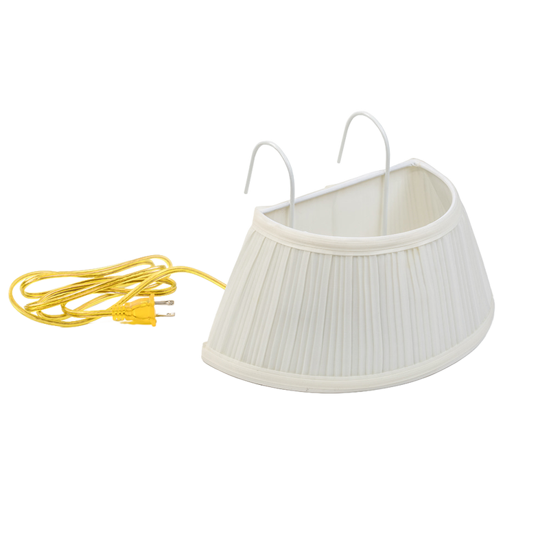 Electric lamp with cream-colored pleated fabric shade and metal hooks for easy attachment to a bed headboard, featuring a yellow power cord, perfect for home decor and lighting collections.
