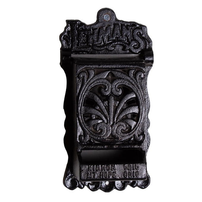 Handcrafted black cast iron wall-mounted matchbox holder with vintage decorative design and Lehman's branding, made in USA, featured in Home & Decor, Household Helpers, and Best Sellers collections.