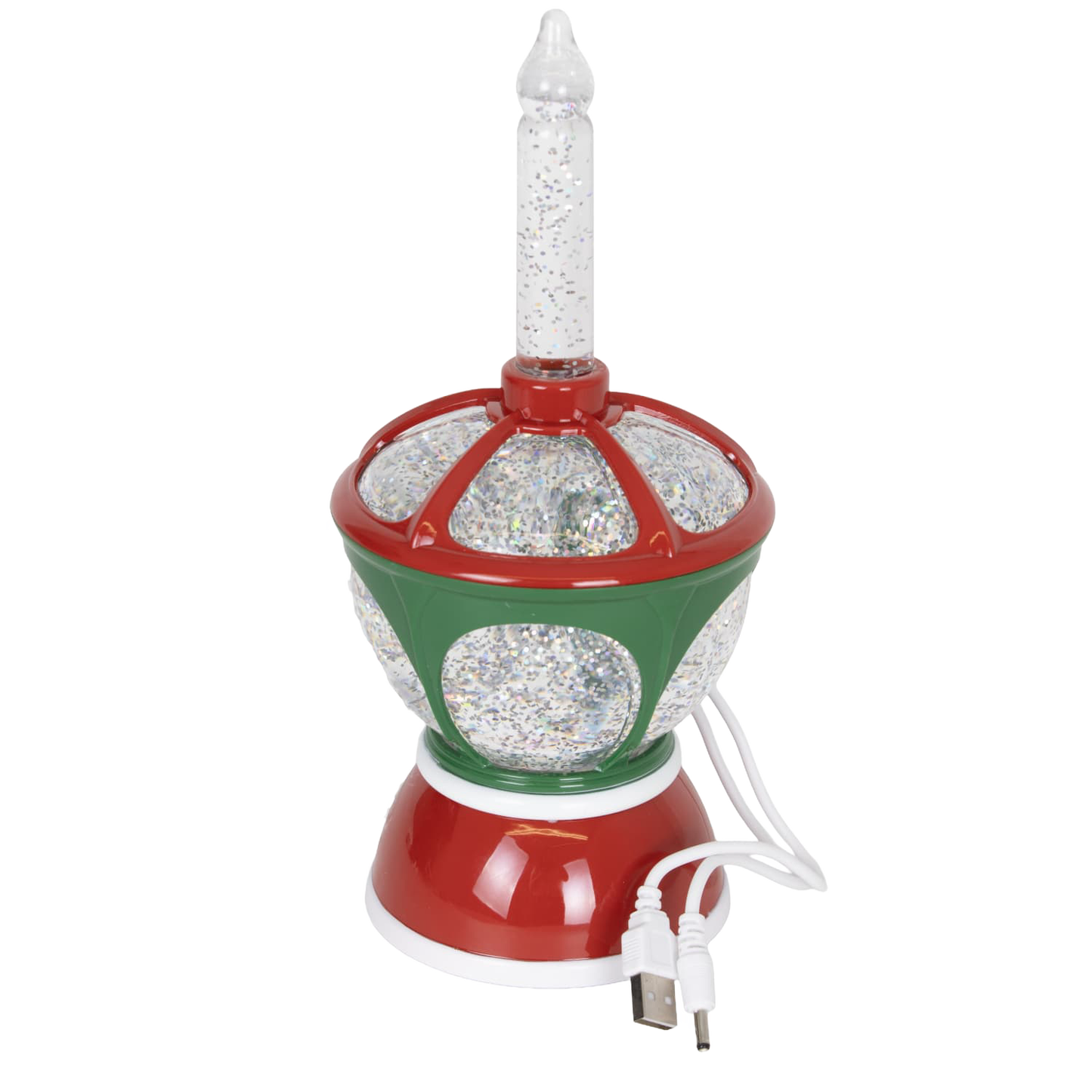 Handcrafted retro-inspired bubble light featuring a glittering swirl inside a red and green base, with USB and battery power options, ideal for Home & Decor, Holiday Decor, Best Sellers, Promo Eligible collections.