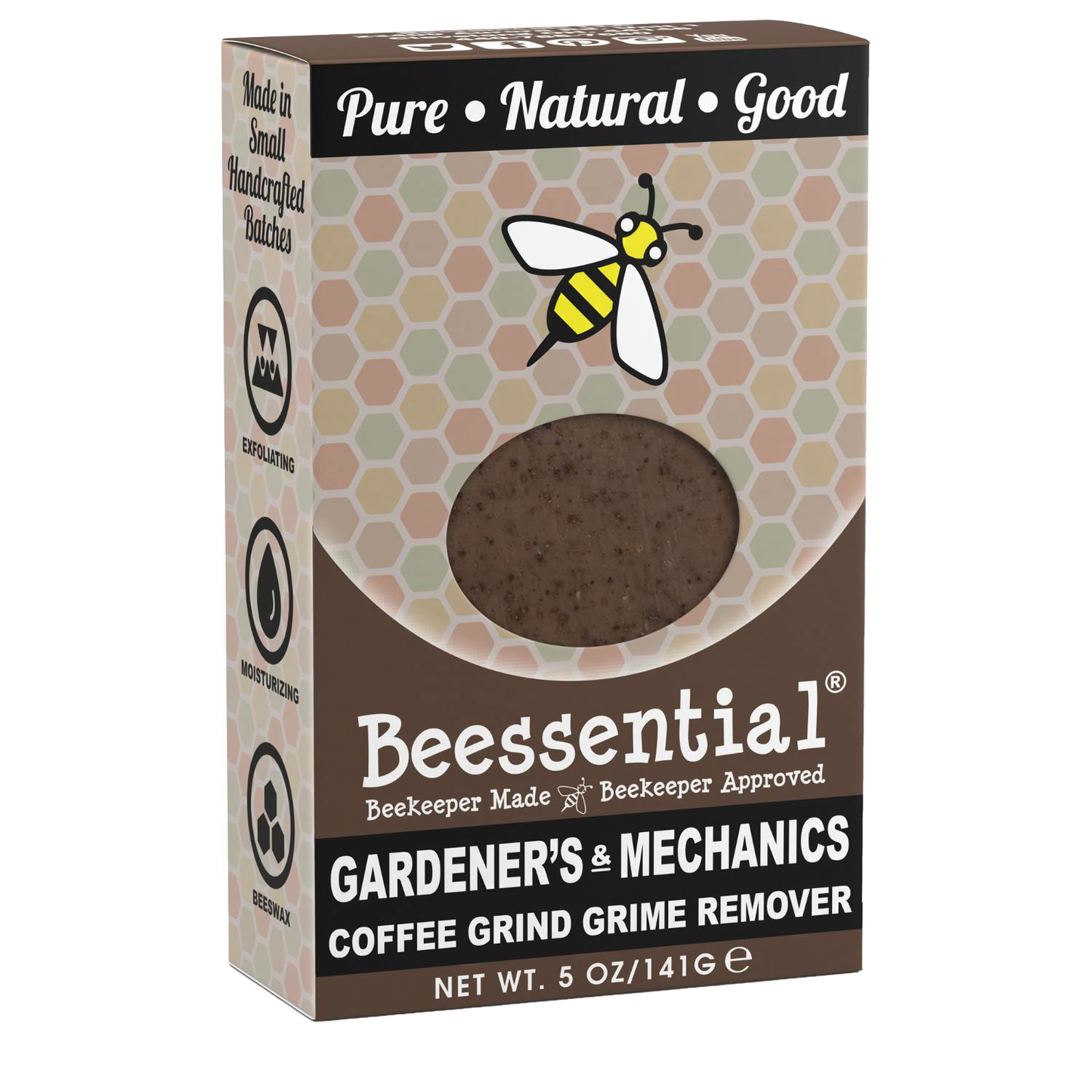 Packaging of a handcrafted coffee grind soap bar with exfoliating and moisturizing properties, made in small batches in the USA, featured in Health & Wellness, Grooming and Personal Hygiene, Soaps collections.