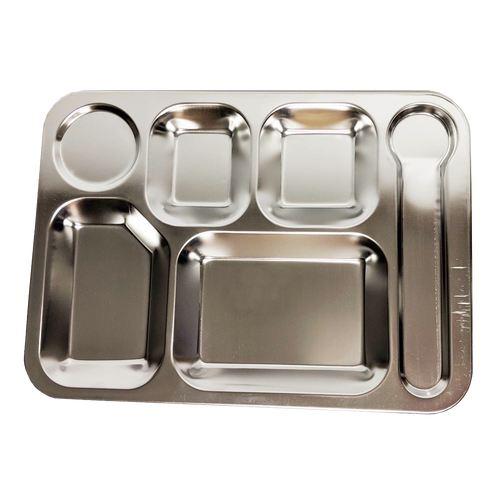 Durable stainless steel tray with six compartments for organized meals, designed for Kitchen & Food, Dinnerware, Best Sellers, Promo Eligible, and Sale collections.