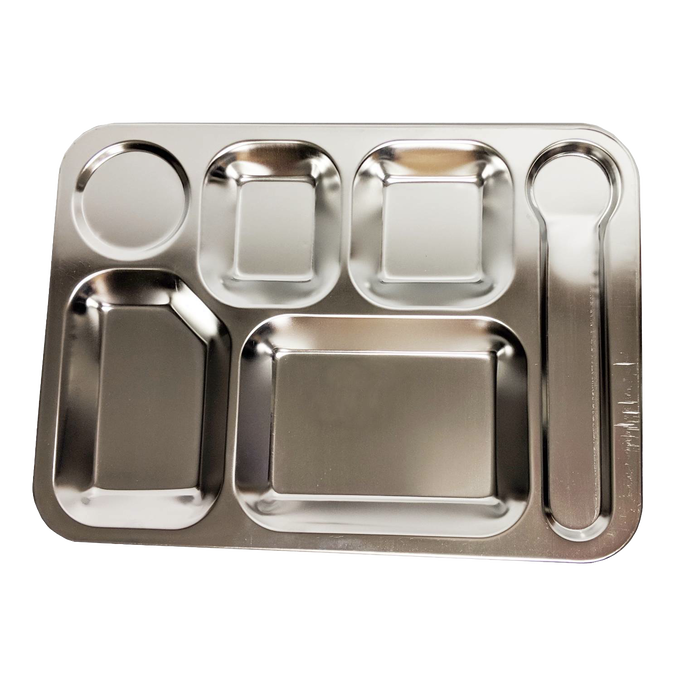 Durable stainless steel tray with six compartments for organized meals, designed for Kitchen & Food, Dinnerware, Best Sellers, Promo Eligible, and Sale collections.