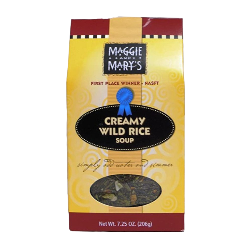 Yellow and brown packaged dry mix for creamy wild rice soup with a clear window showing the ingredients, handcrafted in the USA, ideal for Kitchen & Food, Dry Goods and Mixes, Soups, Best Sellers, and Promo Eligible collections.