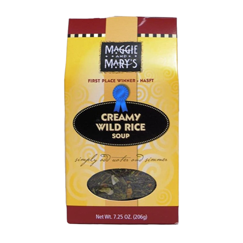 Yellow and brown packaged dry mix for creamy wild rice soup with a clear window showing the ingredients, handcrafted in the USA, ideal for Kitchen & Food, Dry Goods and Mixes, Soups, Best Sellers, and Promo Eligible collections.