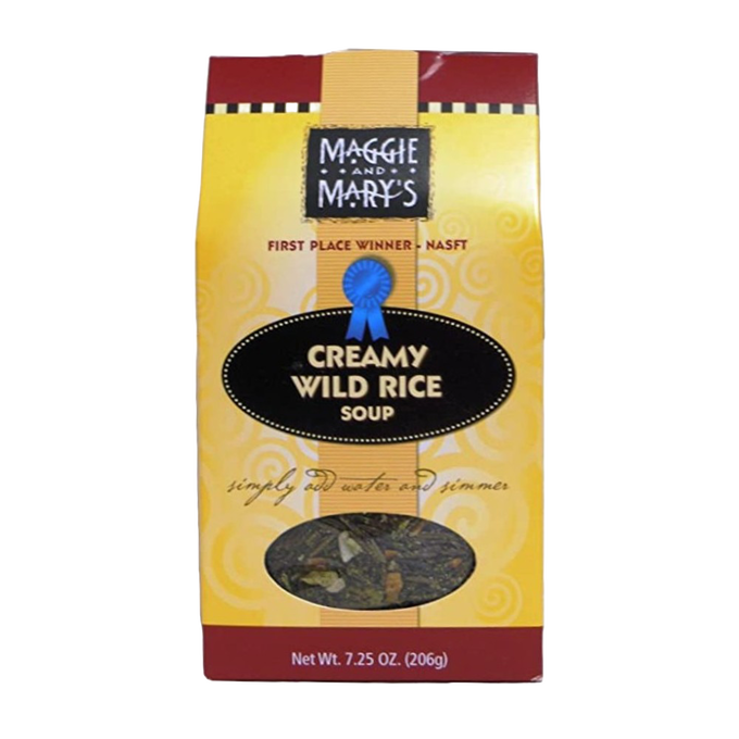 Yellow and brown packaged dry mix for creamy wild rice soup with a clear window showing the ingredients, handcrafted in the USA, ideal for Kitchen & Food, Dry Goods and Mixes, Soups, Best Sellers, and Promo Eligible collections.