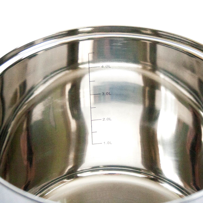 Close-up of the interior of a shiny stainless steel pot with volume markings from 1.0L to 4.0L, ideal for kitchen and cookware collections.