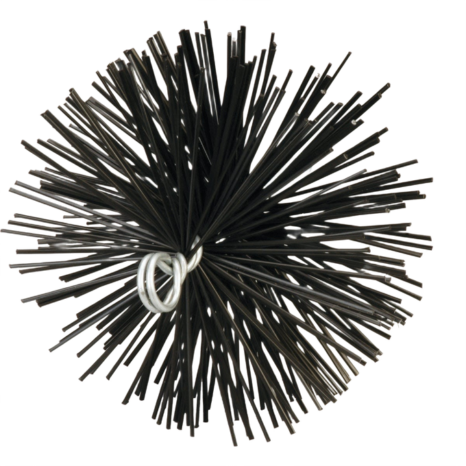 Round chimney brush with tightly packed black wire bristles designed for efficient flue cleaning, featured in Stoves, Hearth Accessories, Best Sellers, and Promo Eligible collections.
