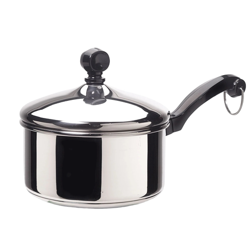 Classic stainless steel 1-quart saucepan with glass lid and black handle, featuring a heavy-duty aluminum core base, ideal for Kitchen & Food, Cookware, and Best Sellers collections.
