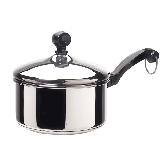 Classic stainless steel 1-quart saucepan with glass lid and black handle, featuring a heavy-duty aluminum core base, ideal for Kitchen & Food, Cookware, and Best Sellers collections.
