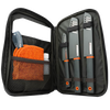 Compact camping knife set with three stainless blades secured in a black zippered case, including an orange and white cleaning cloth and soap bottle, designed for outdoor use.