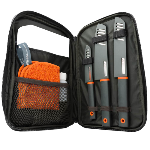 Compact camping knife set with three stainless blades secured in a black zippered case, including an orange and white cleaning cloth and soap bottle, designed for outdoor use.