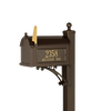 Handcrafted bronze and gold mailbox with personalized address plaque mounted on sturdy post, designed to enhance curb appeal, made in USA, ideal for Home & Decor and Mailboxes collections.