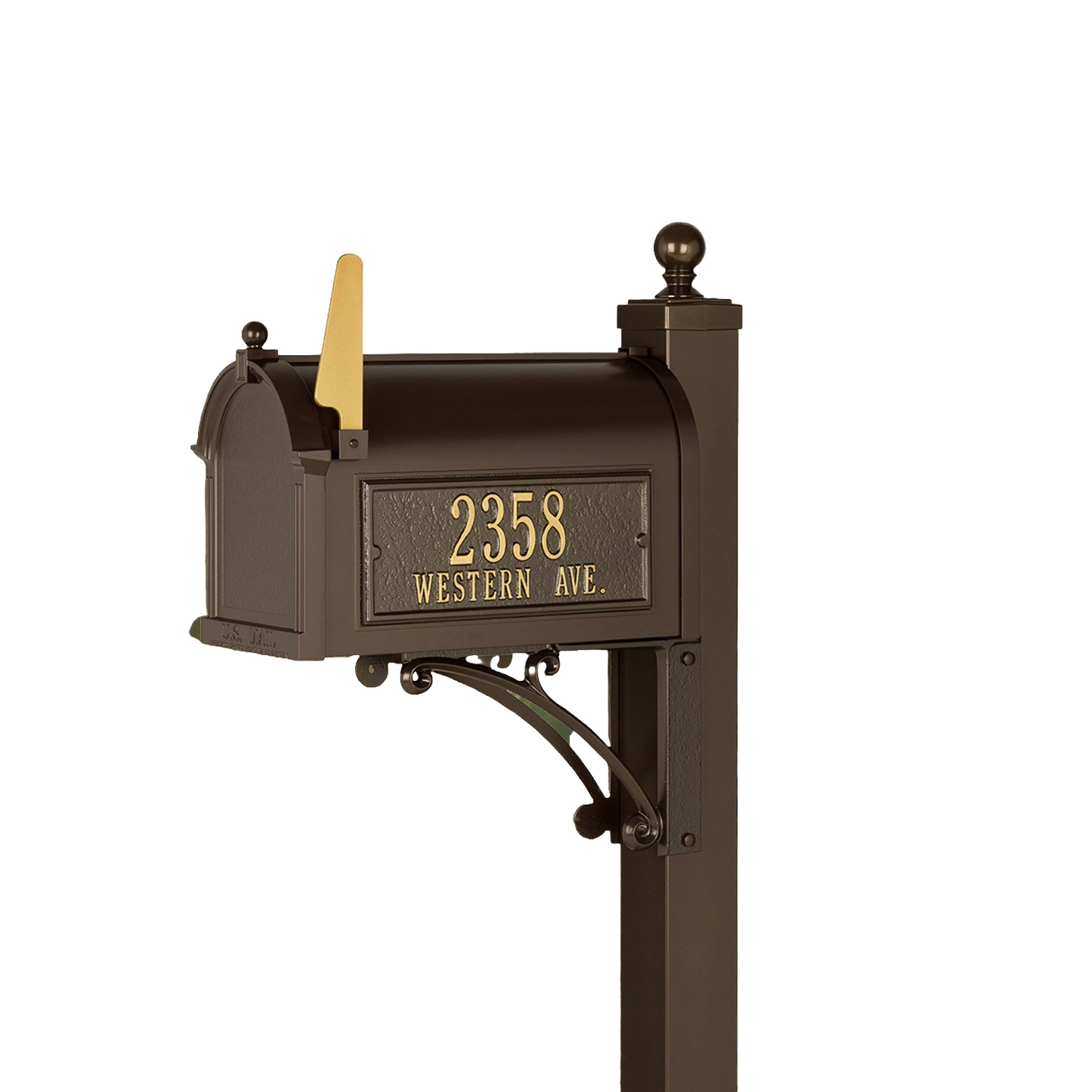 Handcrafted bronze and gold mailbox with personalized address plaque mounted on sturdy post, designed to enhance curb appeal, made in USA, ideal for Home & Decor and Mailboxes collections.