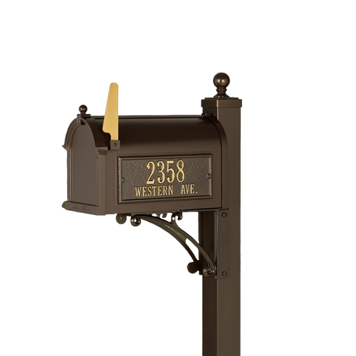 Handcrafted bronze and gold mailbox with personalized address plaque mounted on sturdy post, designed to enhance curb appeal, made in USA, ideal for Home & Decor and Mailboxes collections.