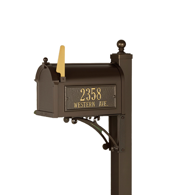 Handcrafted bronze and gold mailbox with personalized address plaque mounted on sturdy post, designed to enhance curb appeal, made in USA, ideal for Home & Decor and Mailboxes collections.