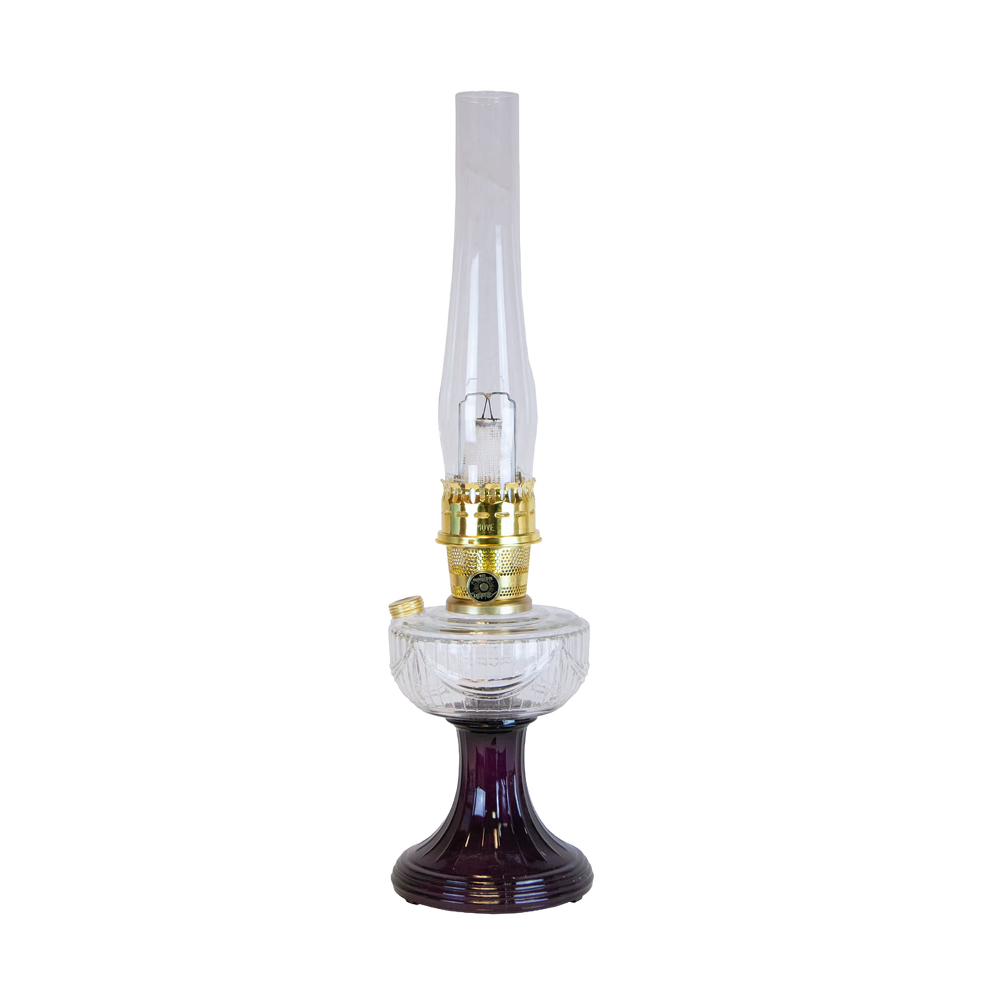 Handcrafted Aladdin-style oil lamp with a purple glass Lincoln drape base, clear font, tall chimney, and brass burner, ideal for Farm, Garden & Tool, Lamps & Lighting, and Homesteading collections.