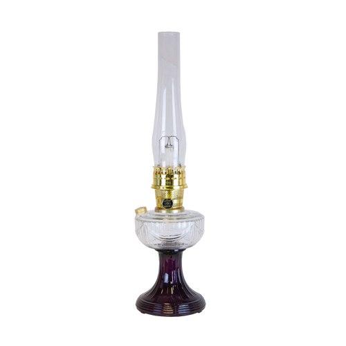 Handcrafted Aladdin-style oil lamp with a purple glass Lincoln drape base, clear font, tall chimney, and brass burner, ideal for Farm, Garden & Tool, Lamps & Lighting, and Homesteading collections.