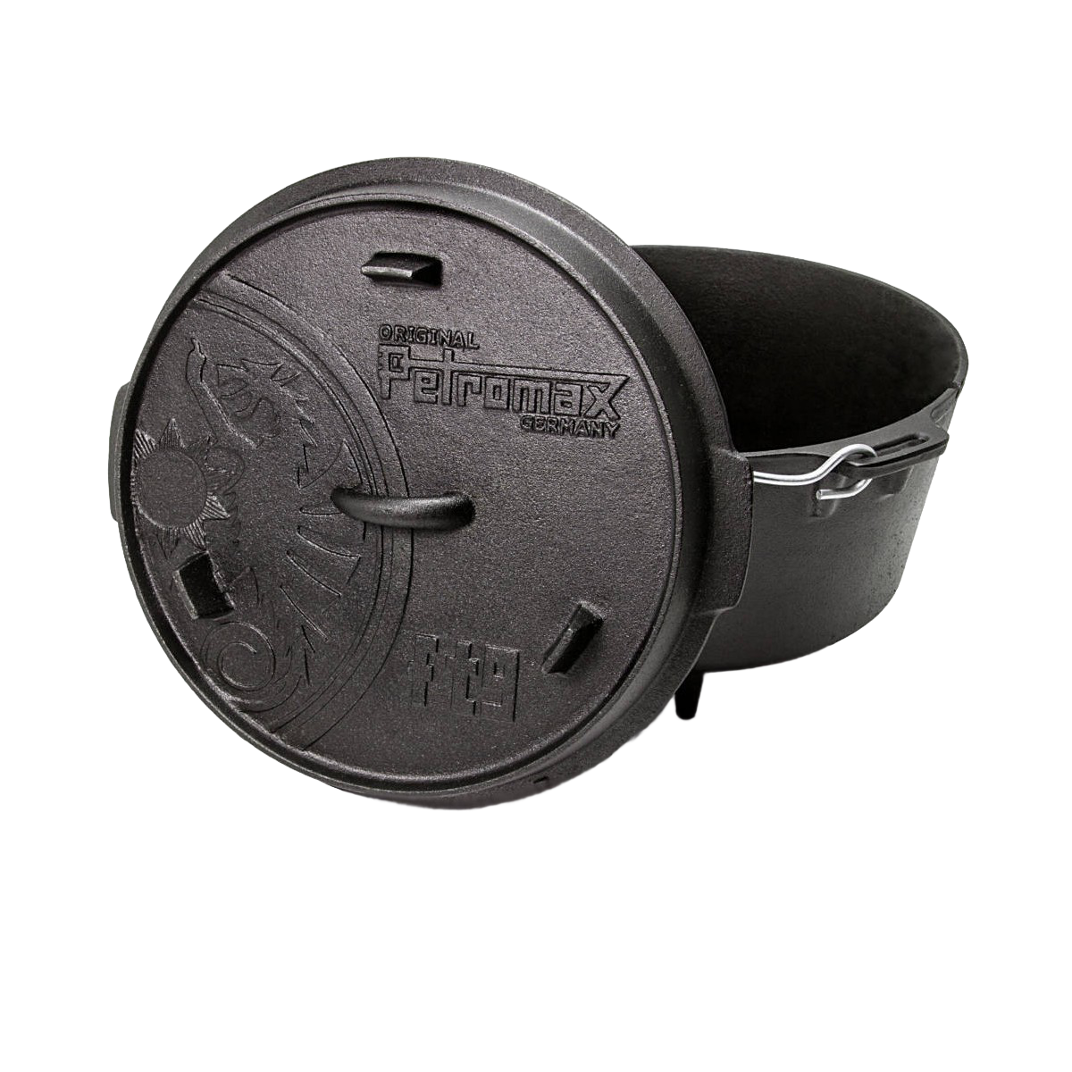 Open cast iron Dutch oven with legs featuring a decorative embossed lid and sturdy wire bail handle, designed for versatile use in Kitchen & Food, Cookware, Cast Iron, Best Sellers, Promo Eligible collections.