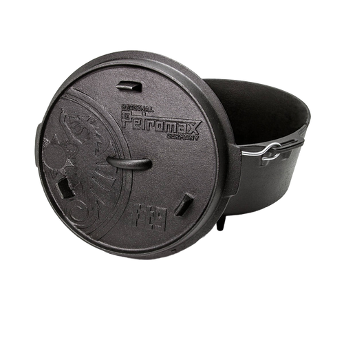 Open cast iron Dutch oven with legs featuring a decorative embossed lid and sturdy wire bail handle, designed for versatile use in Kitchen & Food, Cookware, Cast Iron, Best Sellers, Promo Eligible collections.