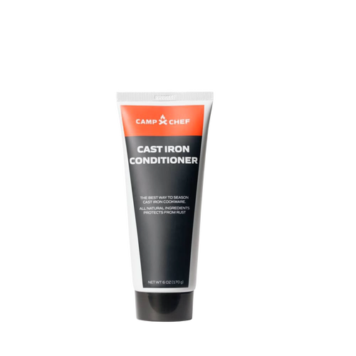 Tube of cast iron conditioner with black and orange labeling, featuring all-natural ingredients to protect and maintain cast iron cookware, ideal for Kitchen & Food, Cookware, Cast Iron, and Best Sellers collections.