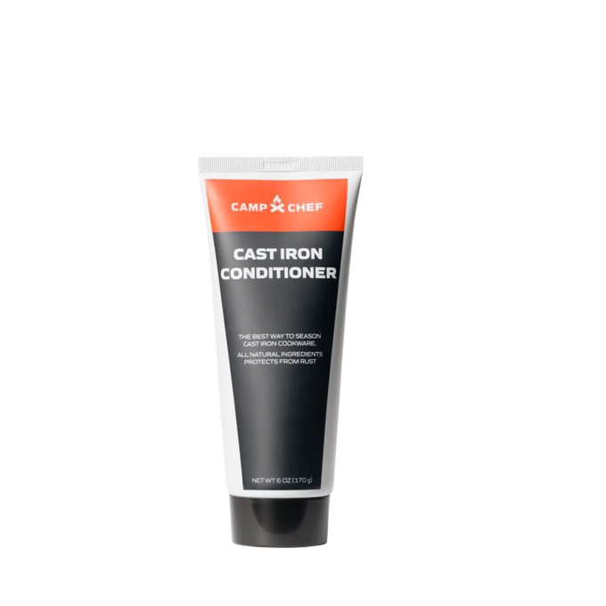 Tube of cast iron conditioner with black and orange labeling, featuring all-natural ingredients to protect and maintain cast iron cookware, ideal for Kitchen & Food, Cookware, Cast Iron, and Best Sellers collections.
