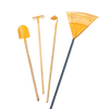 Set of durable, child-sized yellow gardening tools including a shovel, rake, hoe, and leaf rake, designed for outdoor play and children's gardening activities.