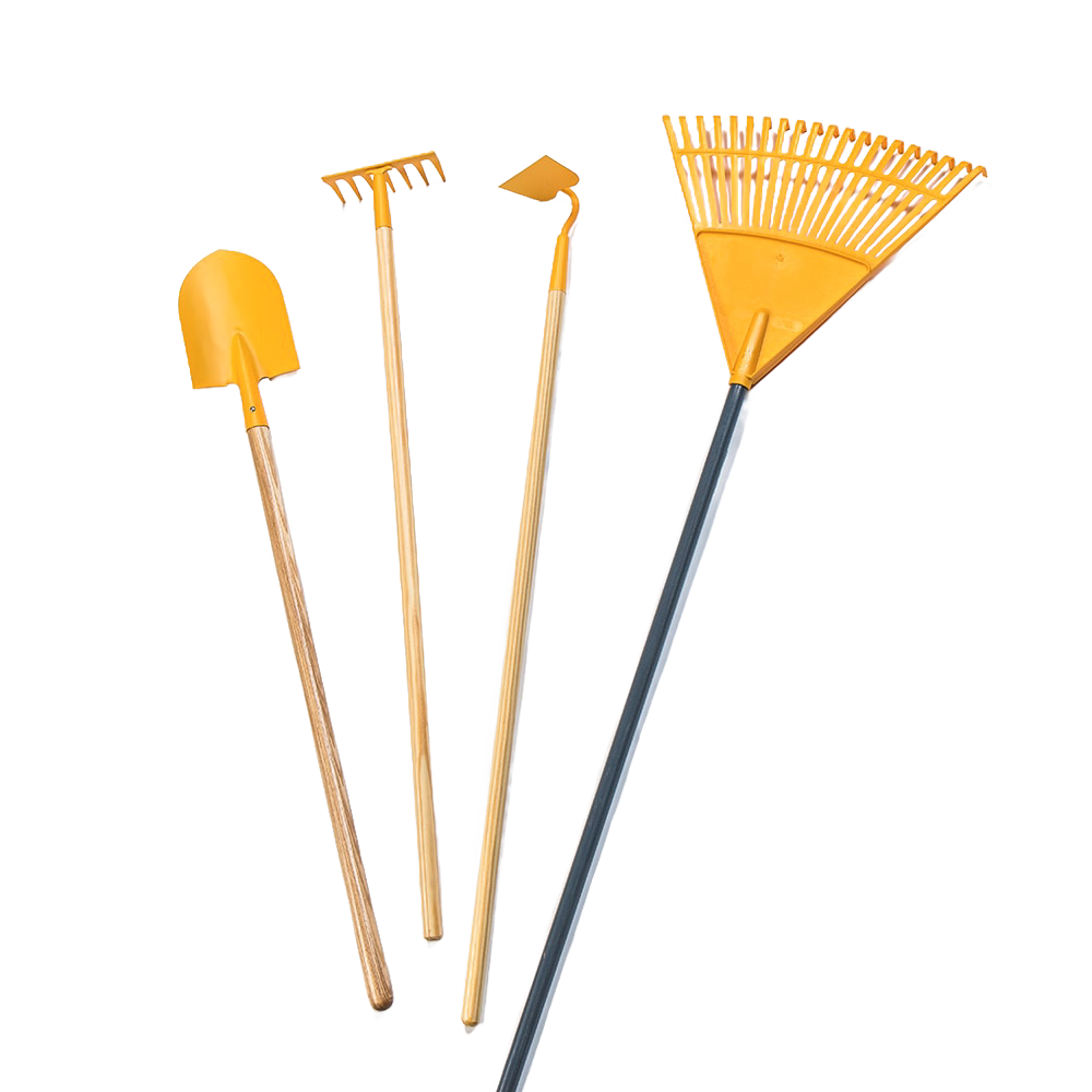 Set of durable, child-sized yellow gardening tools including a shovel, rake, hoe, and leaf rake, designed for outdoor play and children's gardening activities.