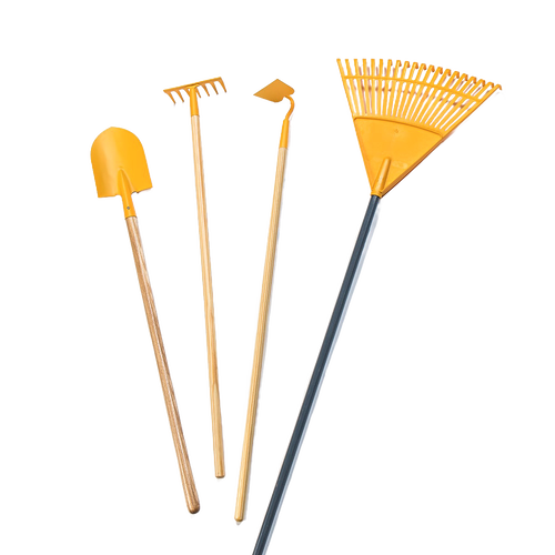 Set of durable, child-sized yellow gardening tools including a shovel, rake, hoe, and leaf rake, designed for outdoor play and children's gardening activities.