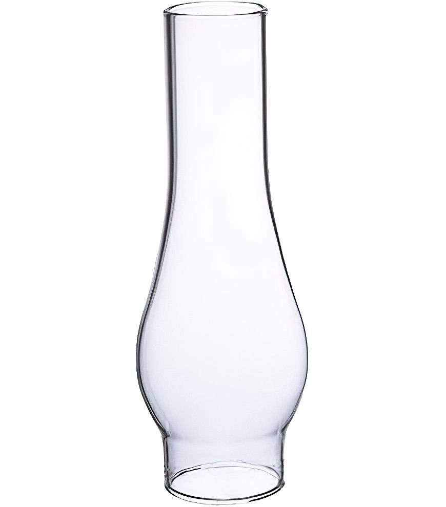Clear glass oil lamp chimney with a tapered shape and 1-3/8" base, handcrafted for use in lamps and lighting, ideal as a replacement part in chimneys and globes collections.