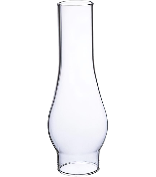 Clear glass oil lamp chimney with a tapered shape and 1-3/8" base, handcrafted for use in lamps and lighting, ideal as a replacement part in chimneys and globes collections.