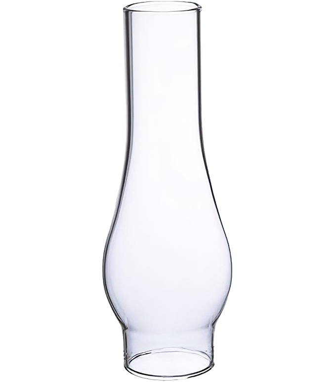 Clear glass oil lamp chimney with a tapered shape and 1-3/8" base, handcrafted for use in lamps and lighting, ideal as a replacement part in chimneys and globes collections.