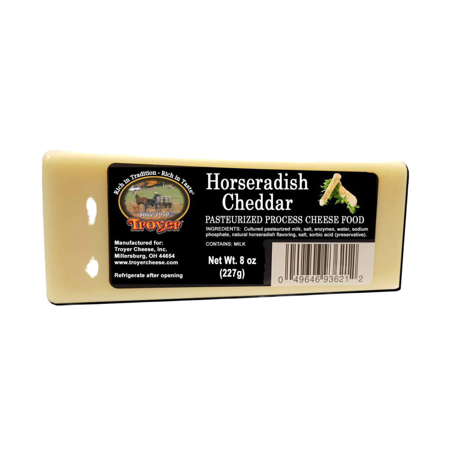 Handcrafted shelf-stable horseradish cheddar cheese food block in an 8-ounce package, made in USA, ideal for Kitchen & Food, Snacks and Sweets, Pantry, USA Made, Best Sellers, and Promo Eligible collections.