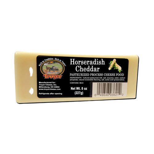 Handcrafted shelf-stable horseradish cheddar cheese food block in an 8-ounce package, made in USA, ideal for Kitchen & Food, Snacks and Sweets, Pantry, USA Made, Best Sellers, and Promo Eligible collections.