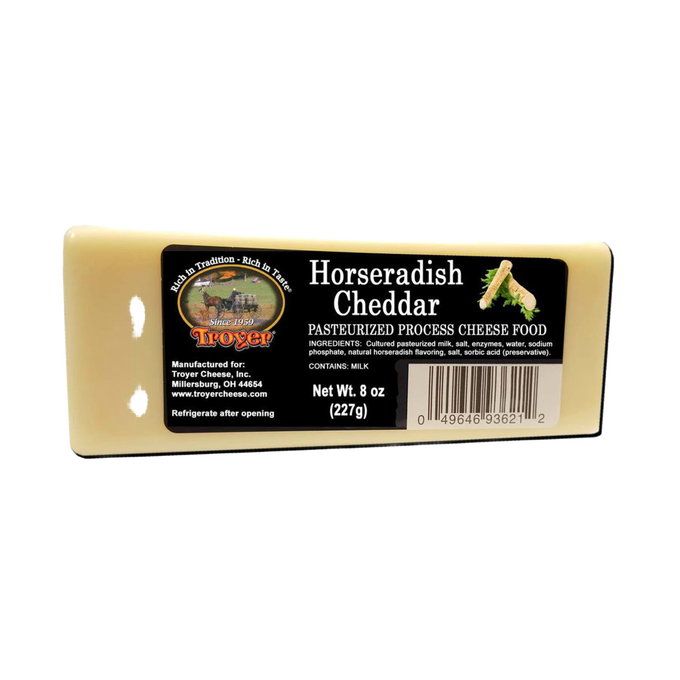 Handcrafted shelf-stable horseradish cheddar cheese food block in an 8-ounce package, made in USA, ideal for Kitchen & Food, Snacks and Sweets, Pantry, USA Made, Best Sellers, and Promo Eligible collections.