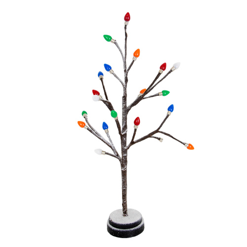 Battery-operated decorative holiday tree with snow-dusted branches and vibrant colored bulb caps, perfect for adding a cheerful glow to small spaces in Home & Decor, Holiday Decor, Best Sellers, and Promo Eligible collections.